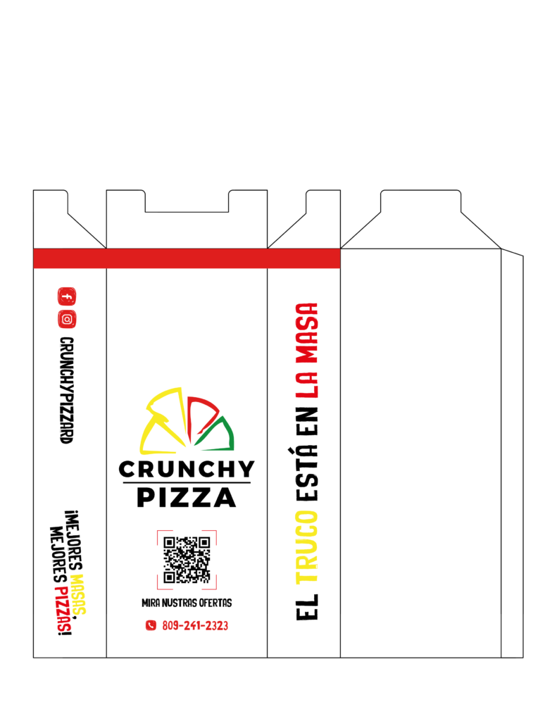 Diseño de packaging e identidad visual para Crunchy Pizza realizado por Búho Estudio Creativo.