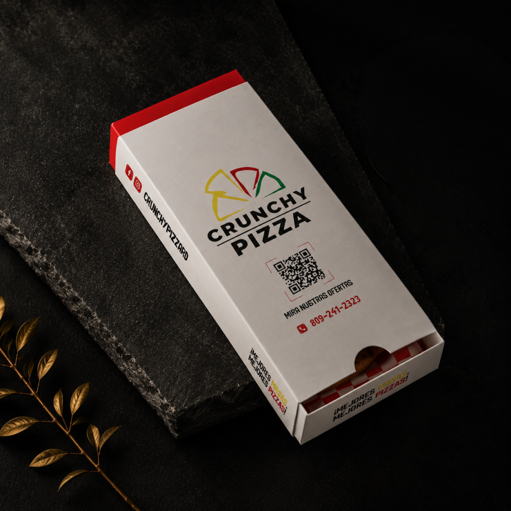 Diseño de packaging e identidad visual para Crunchy Pizza realizado por Búho Estudio Creativo.